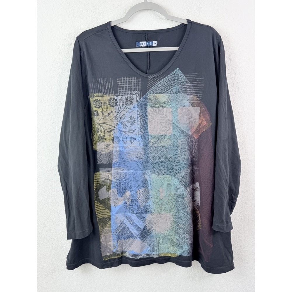 Blue Fish USA Organic Cotton Graphic Tunic Top Sz O 10 Abstract Print Artsy Vtg